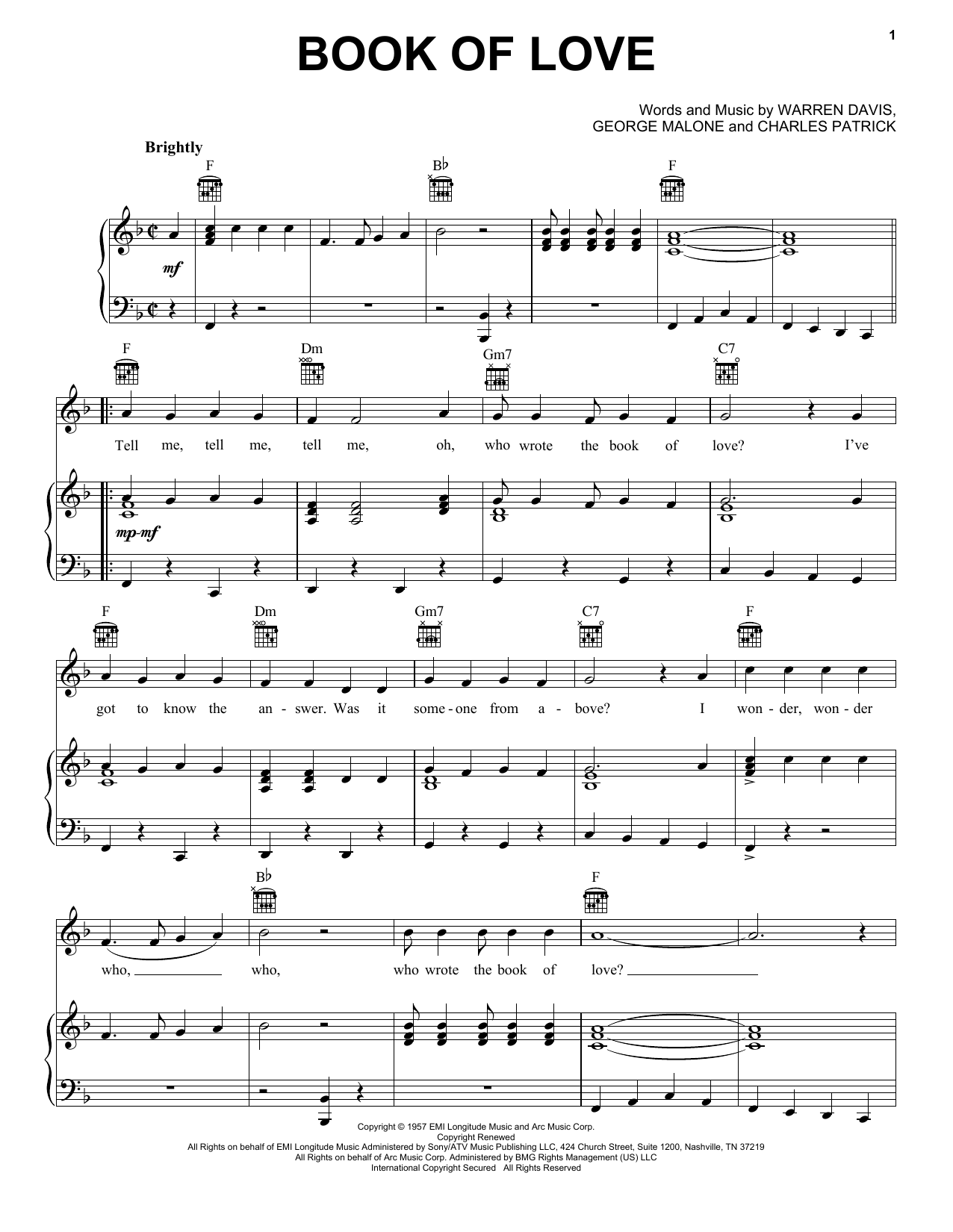 Download The Monotones Book Of Love Sheet Music and learn how to play Melody Line, Lyrics & Chords PDF digital score in minutes