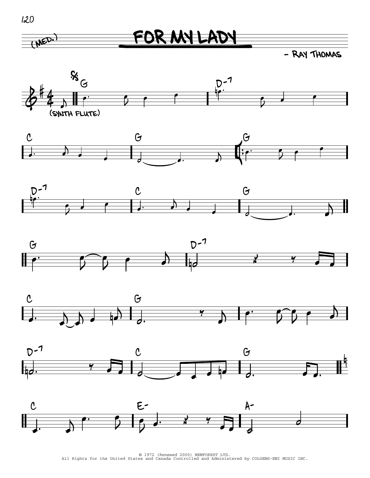 Download The Moody Blues For My Lady Sheet Music and learn how to play Real Book – Melody & Chords PDF digital score in minutes