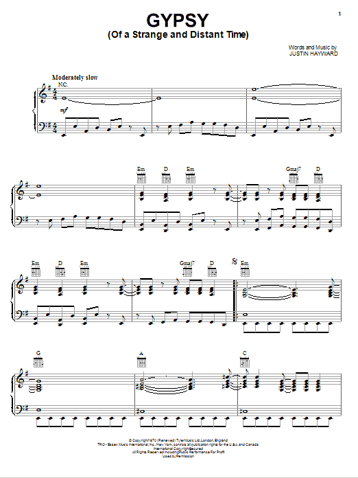 Download The Moody Blues Gypsy (Of A Strange And Distant Time) Sheet Music and learn how to play Piano, Vocal & Guitar (Right-Hand Melody) PDF digital score in minutes