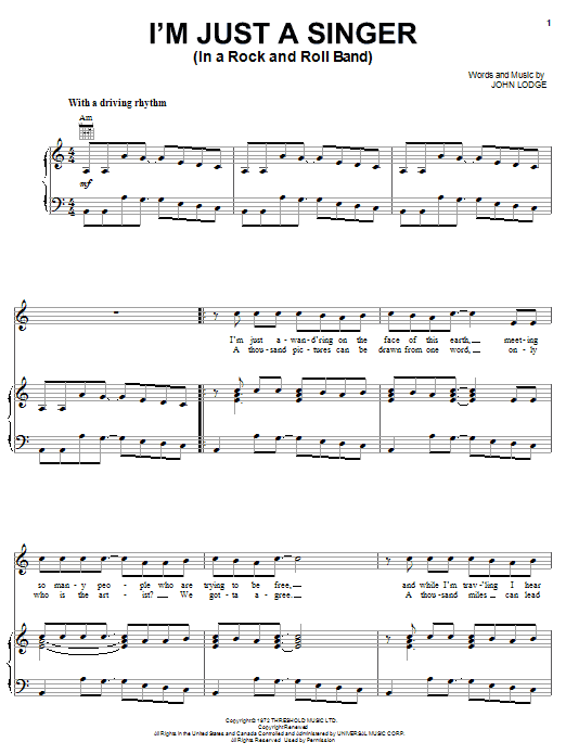Download The Moody Blues I'm Just A Singer (In A Rock And Roll Band) Sheet Music and learn how to play Piano, Vocal & Guitar (Right-Hand Melody) PDF digital score in minutes
