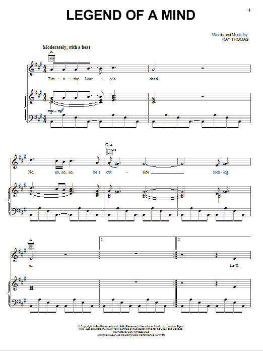 Download The Moody Blues Legend Of A Mind Sheet Music and learn how to play Piano, Vocal & Guitar (Right-Hand Melody) PDF digital score in minutes