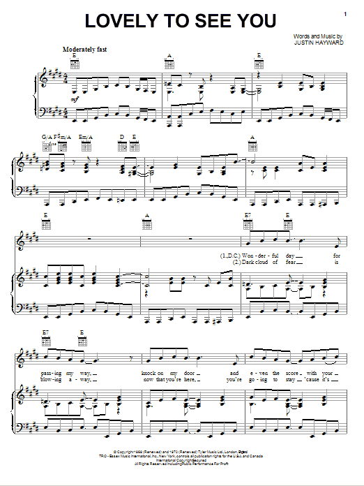 Download The Moody Blues Lovely To See You Sheet Music and learn how to play Piano, Vocal & Guitar (Right-Hand Melody) PDF digital score in minutes