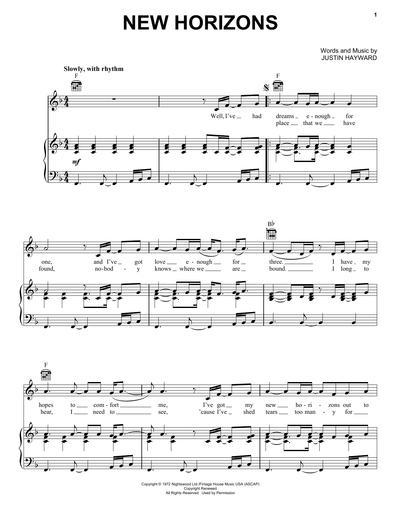 Download The Moody Blues New Horizons Sheet Music and learn how to play Piano, Vocal & Guitar (Right-Hand Melody) PDF digital score in minutes