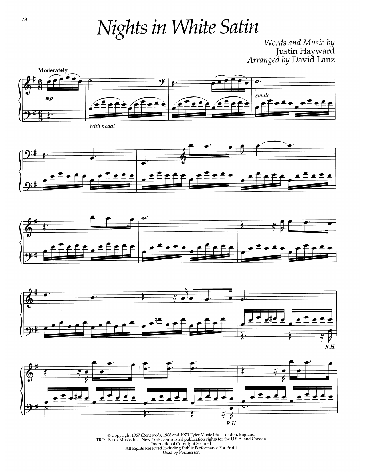 Download The Moody Blues Nights In White Satin (arr. David Lanz) Sheet Music and learn how to play Piano Solo PDF digital score in minutes