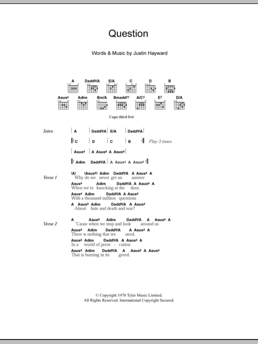 Download The Moody Blues Question Sheet Music and learn how to play Lyrics & Chords PDF digital score in minutes