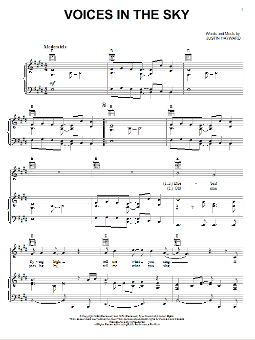 Download The Moody Blues Voices In The Sky Sheet Music and learn how to play Piano, Vocal & Guitar (Right-Hand Melody) PDF digital score in minutes