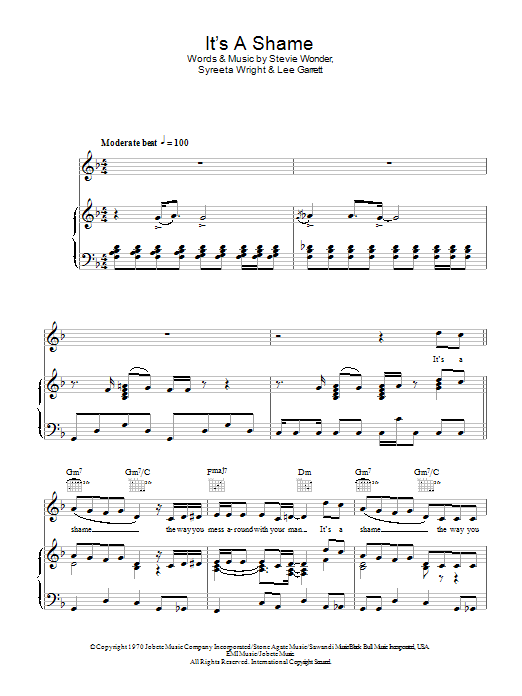 Download The Motown Singers It's A Shame Sheet Music and learn how to play Piano, Vocal & Guitar (Right-Hand Melody) PDF digital score in minutes