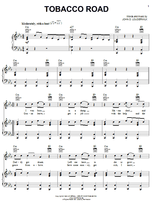 Download The Nashville Teens Tobacco Road Sheet Music and learn how to play Piano, Vocal & Guitar (Right-Hand Melody) PDF digital score in minutes