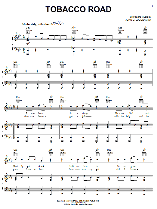 Download The Nashville Teens Tobacco Road Sheet Music and learn how to play Lyrics & Chords PDF digital score in minutes