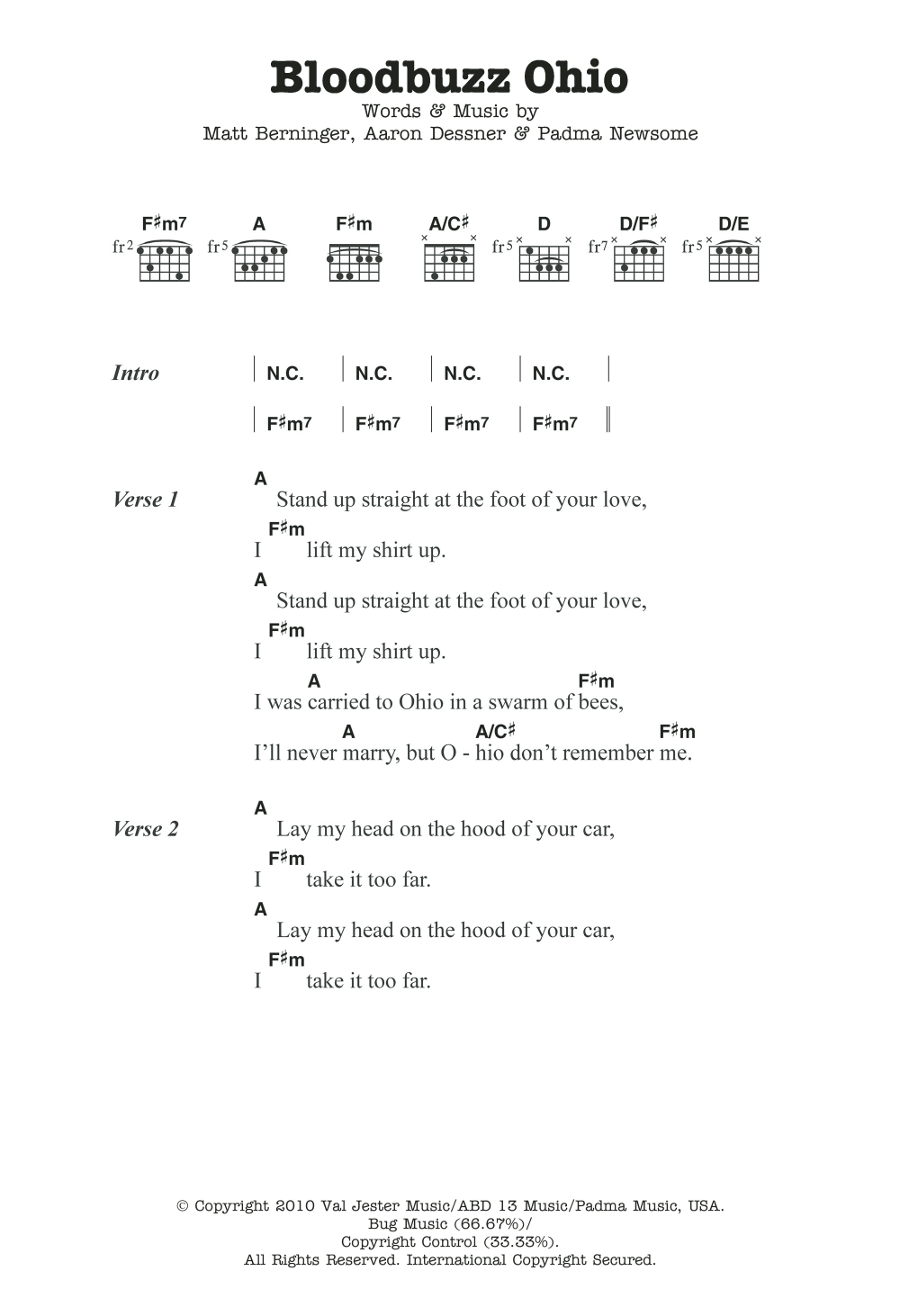 Download The National Bloodbuzz Ohio Sheet Music and learn how to play Lyrics & Chords PDF digital score in minutes