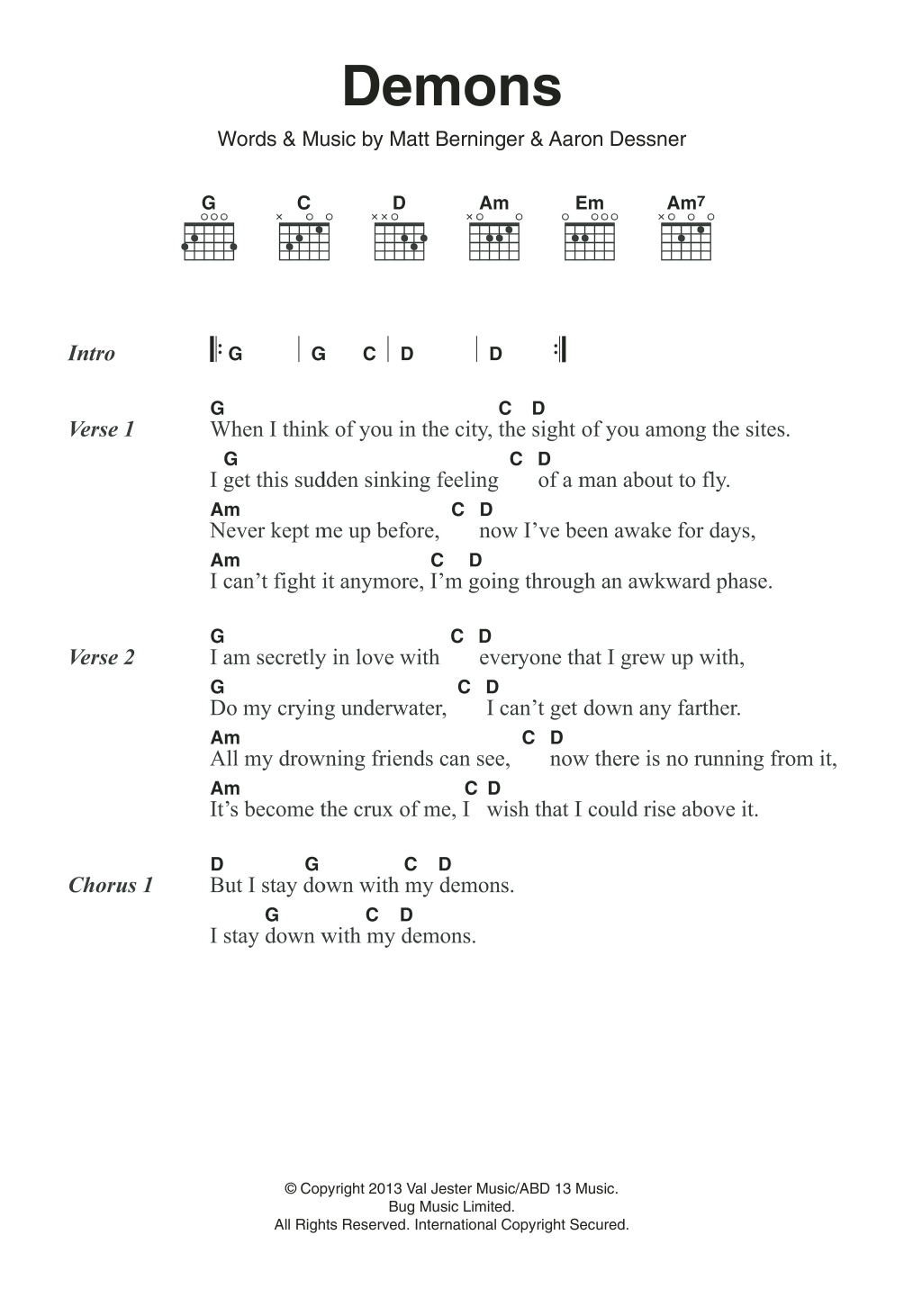 Download The National Demons Sheet Music and learn how to play Lyrics & Chords PDF digital score in minutes