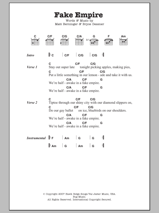 Download The National Fake Empire Sheet Music and learn how to play Lyrics & Chords PDF digital score in minutes