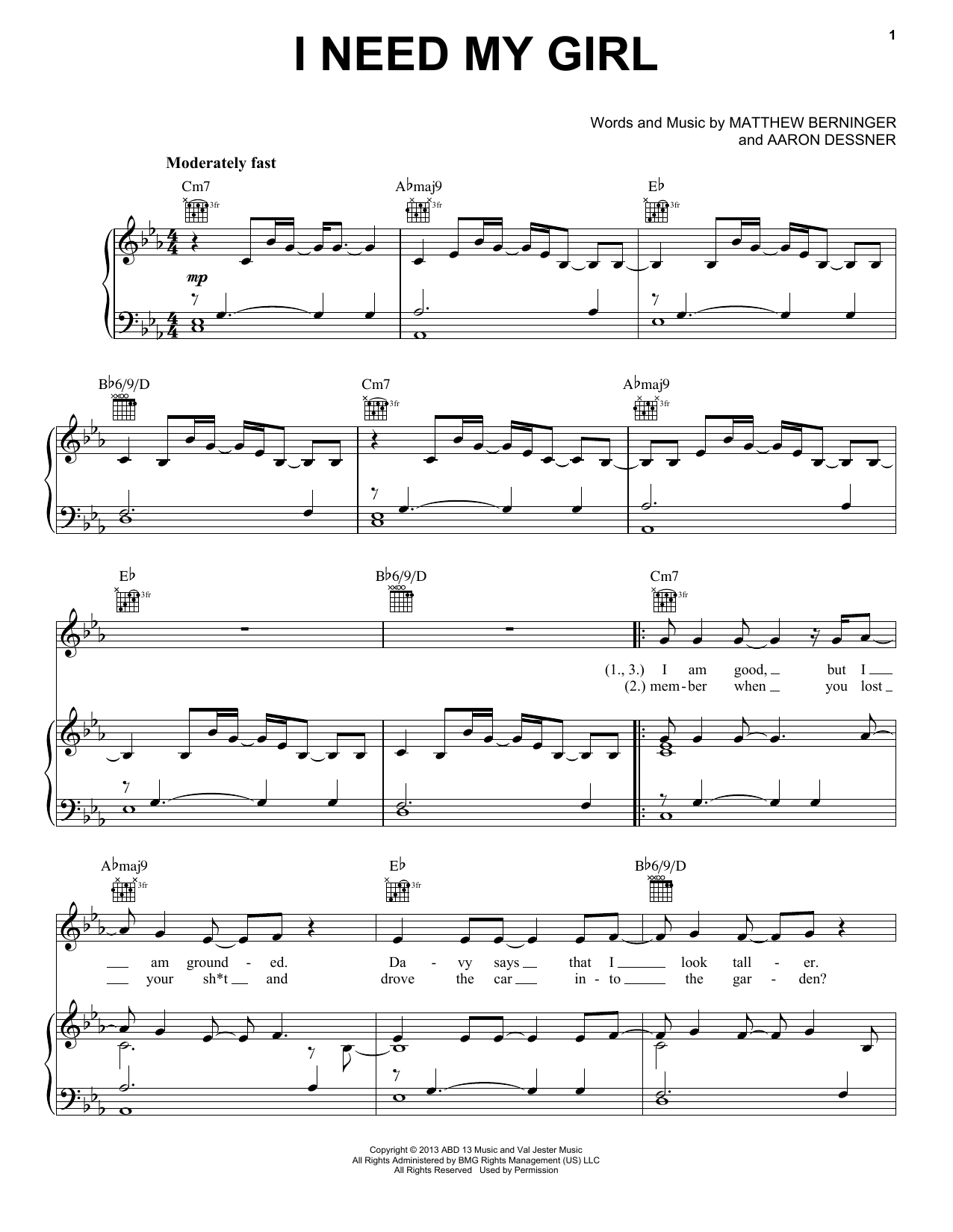 Download The National I Need My Girl Sheet Music and learn how to play Piano, Vocal & Guitar (Right-Hand Melody) PDF digital score in minutes