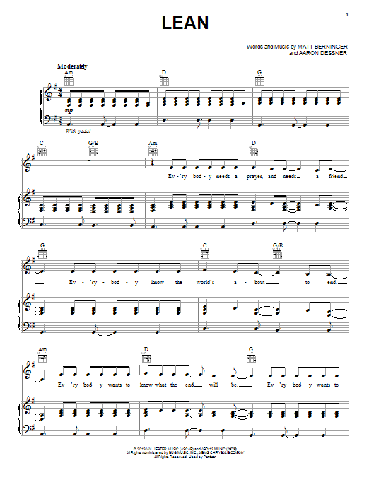 Download The National Lean Sheet Music and learn how to play Piano, Vocal & Guitar (Right-Hand Melody) PDF digital score in minutes