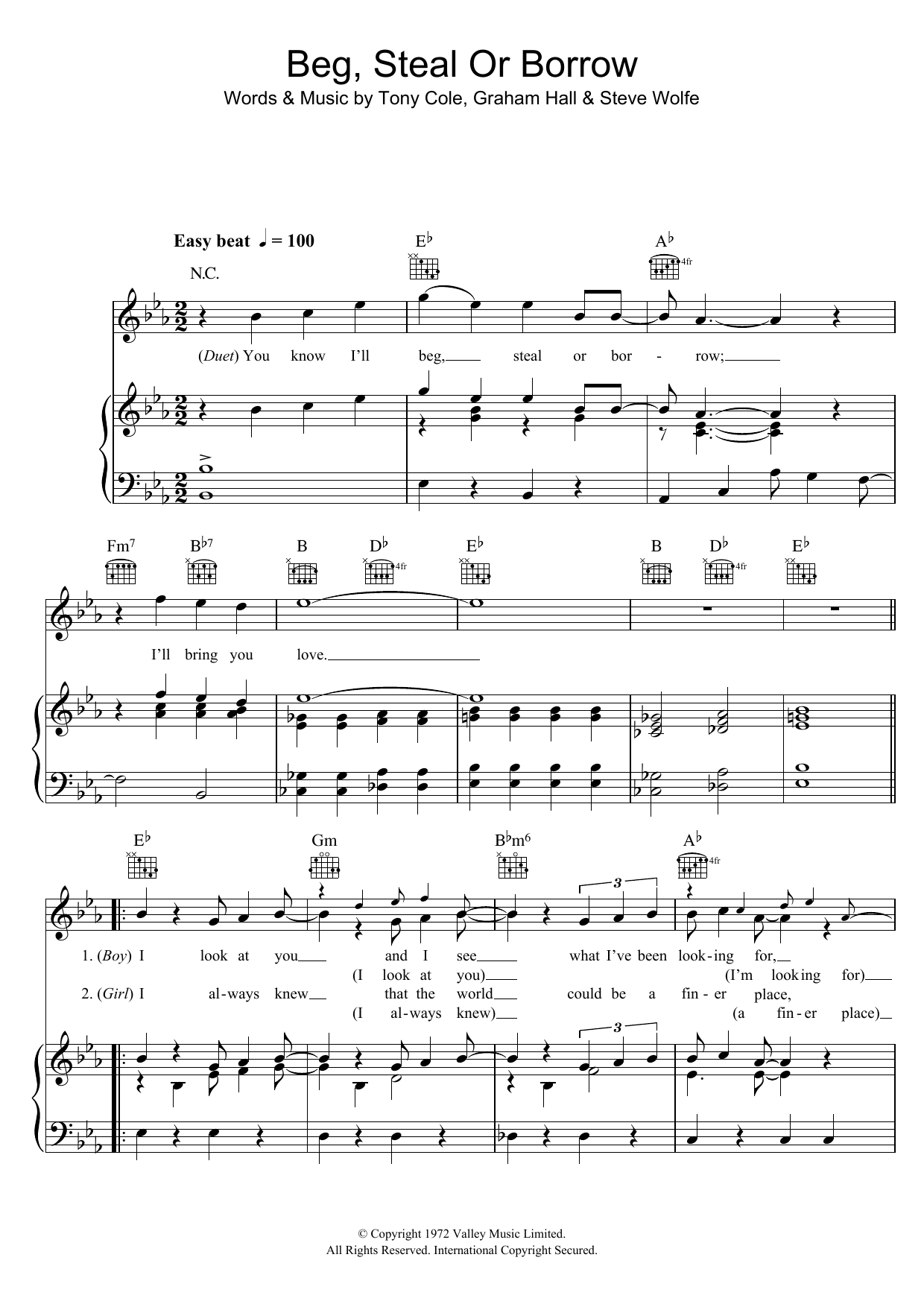 Download The New Seekers Beg, Steal Or Borrow Sheet Music and learn how to play Piano, Vocal & Guitar (Right-Hand Melody) PDF digital score in minutes