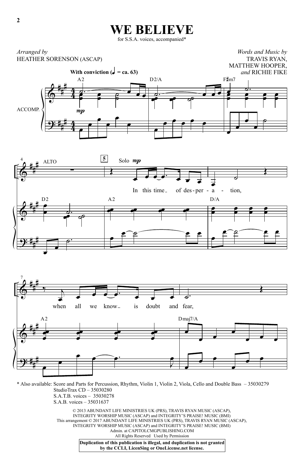 Download Heather Sorenson We Believe Sheet Music and learn how to play SSA PDF digital score in minutes