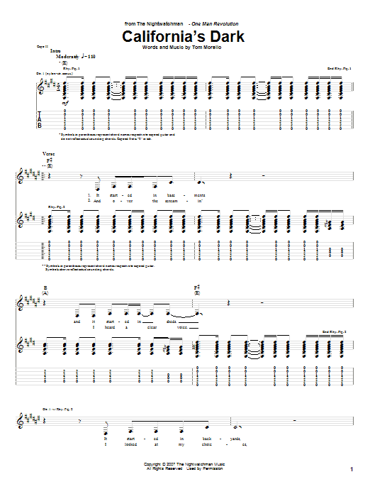 Download The Nightwatchman California's Dark Sheet Music and learn how to play Guitar Tab PDF digital score in minutes