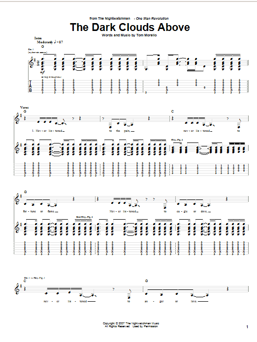 Download The Nightwatchman The Dark Clouds Above Sheet Music and learn how to play Guitar Tab PDF digital score in minutes