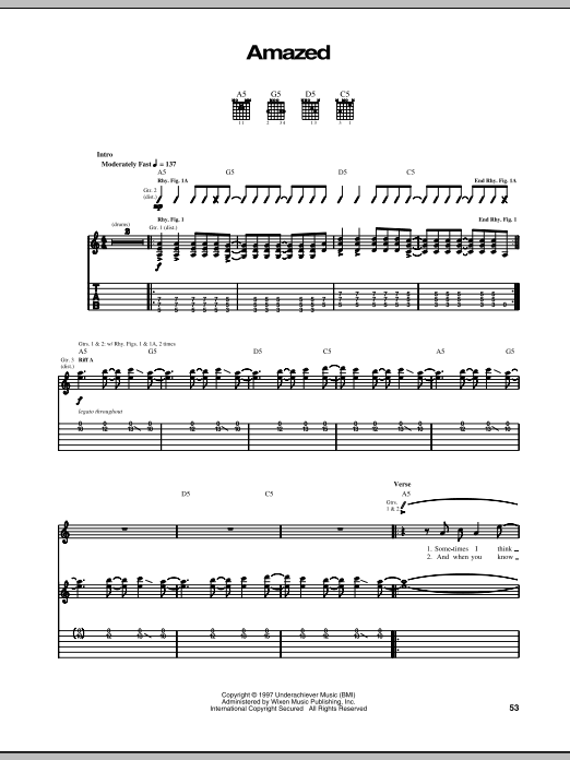 Download The Offspring Amazed Sheet Music and learn how to play Guitar Tab PDF digital score in minutes