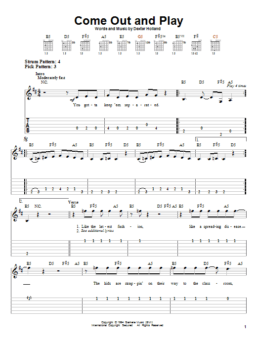 Download The Offspring Come Out And Play Sheet Music and learn how to play Guitar Tab PDF digital score in minutes