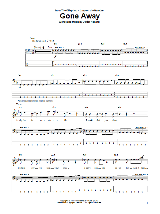 Download The Offspring Gone Away Sheet Music and learn how to play Bass Guitar Tab PDF digital score in minutes