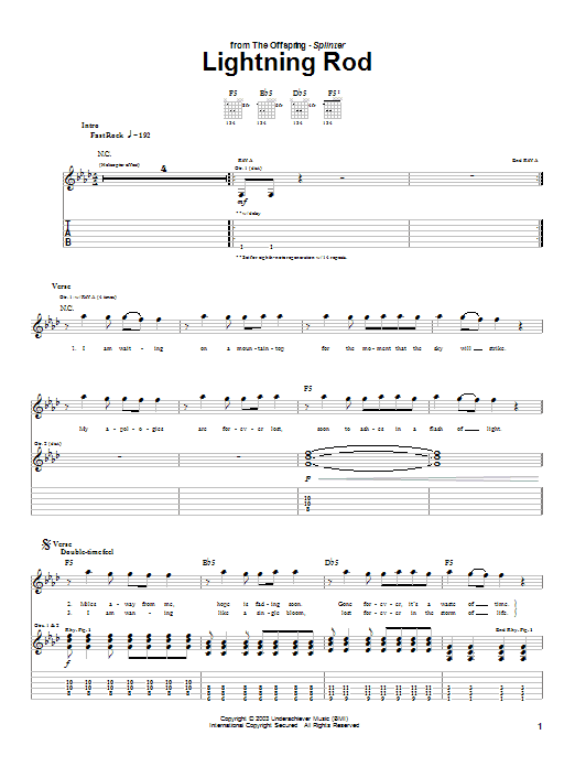 Download The Offspring Lightning Rod Sheet Music and learn how to play Guitar Tab PDF digital score in minutes