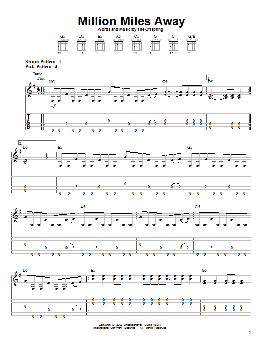 Download The Offspring Million Miles Away Sheet Music and learn how to play Easy Guitar Tab PDF digital score in minutes