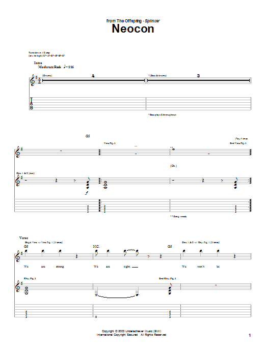 Download The Offspring Neocon Sheet Music and learn how to play Guitar Tab PDF digital score in minutes