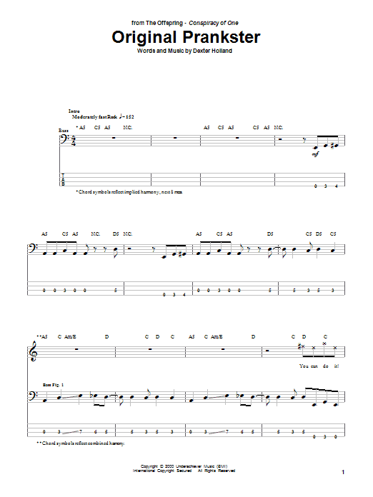 Download The Offspring Original Prankster Sheet Music and learn how to play Bass Guitar Tab PDF digital score in minutes