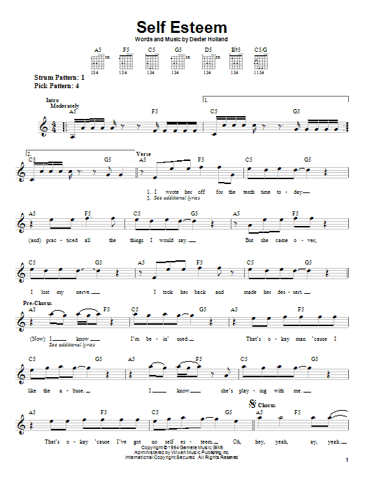Download The Offspring Self Esteem Sheet Music and learn how to play Easy Guitar PDF digital score in minutes