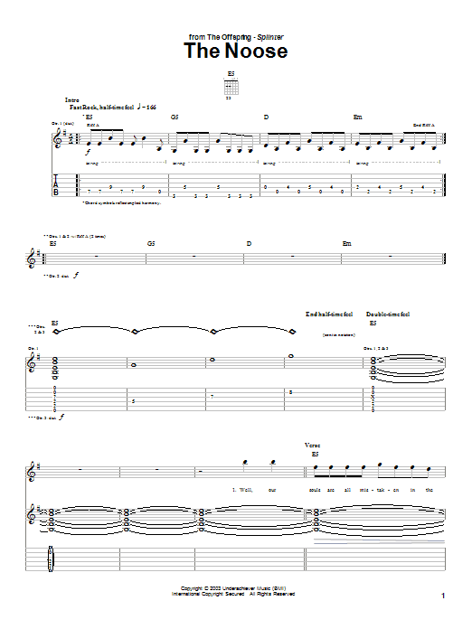 Download The Offspring The Noose Sheet Music and learn how to play Guitar Tab PDF digital score in minutes