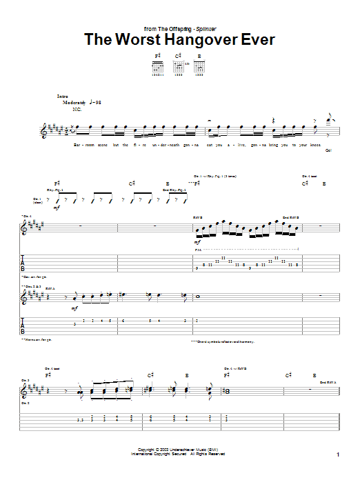 Download The Offspring The Worst Hangover Ever Sheet Music and learn how to play Guitar Tab PDF digital score in minutes