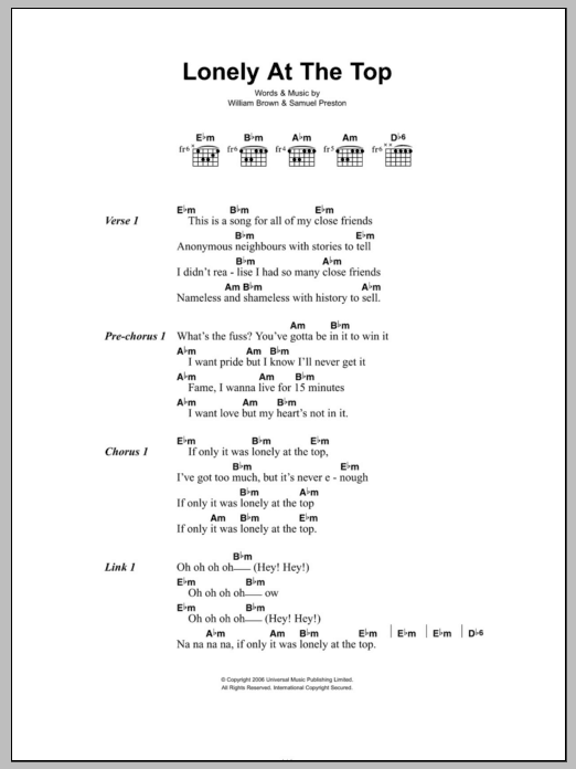Download The Ordinary Boys Lonely At The Top Sheet Music and learn how to play Lyrics & Chords PDF digital score in minutes