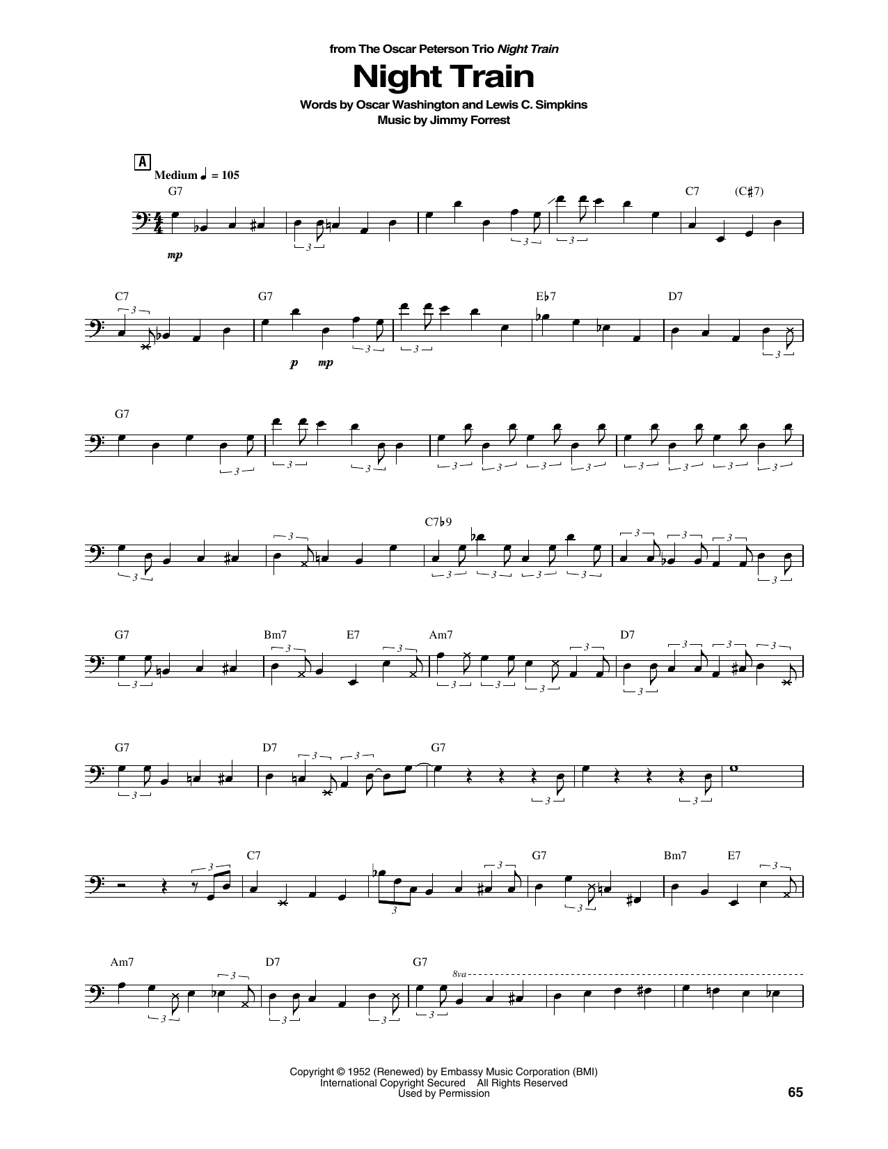 Download The Oscar Peterson Trio Night Train Sheet Music and learn how to play String Bass Transcription PDF digital score in minutes