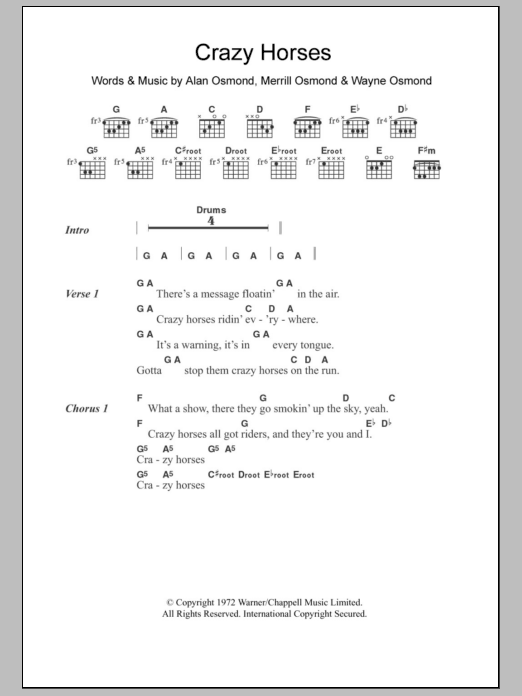 Download The Osmonds Crazy Horses Sheet Music and learn how to play Lyrics & Chords PDF digital score in minutes