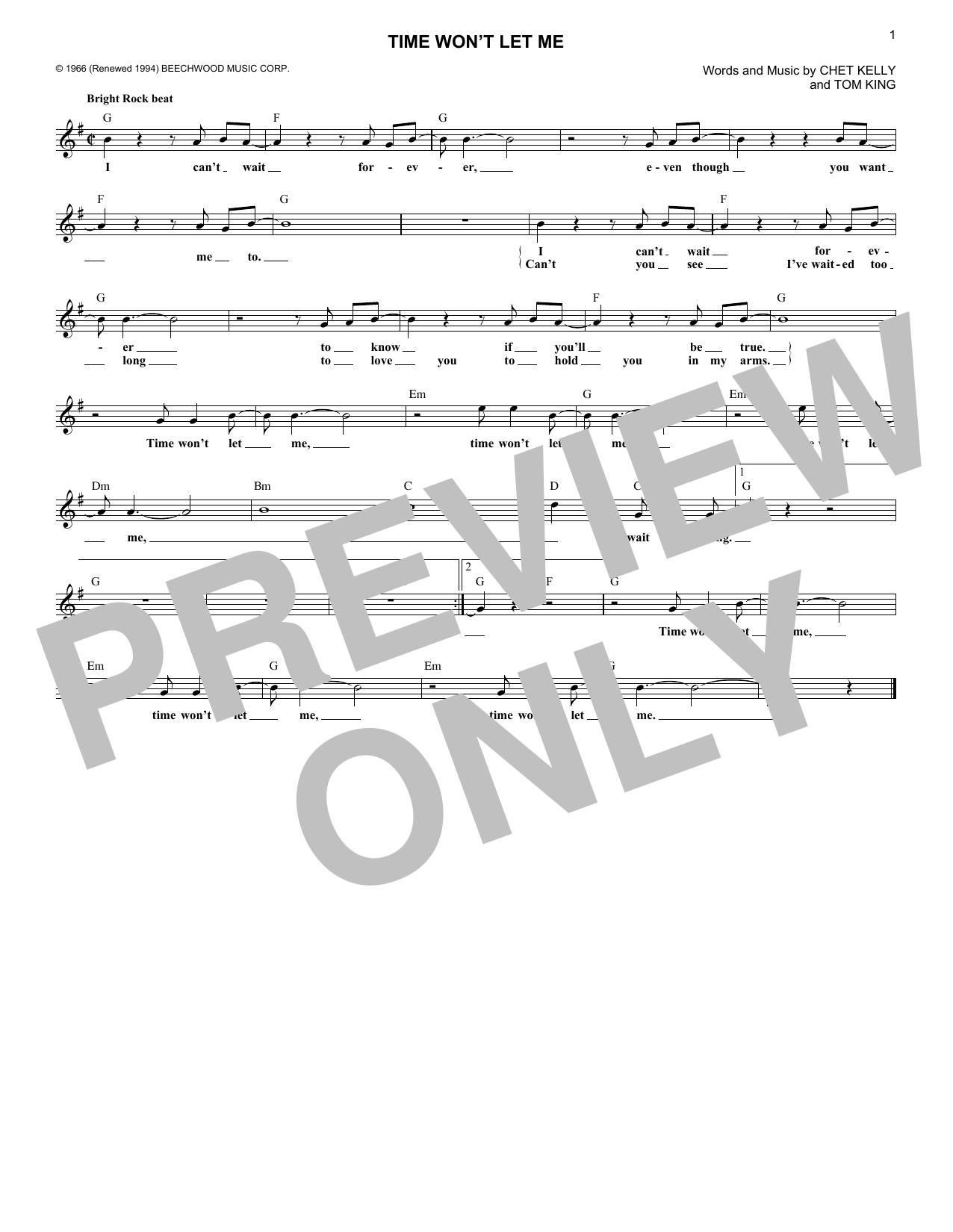 Download The Outsiders Time Won't Let Me Sheet Music and learn how to play Melody Line, Lyrics & Chords PDF digital score in minutes