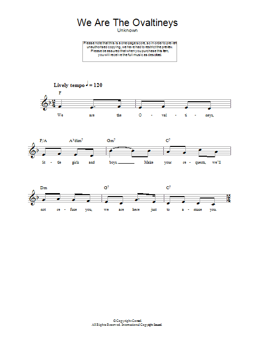 Download Unknown We Are The Ovaltineys Sheet Music and learn how to play Melody Line, Lyrics & Chords PDF digital score in minutes