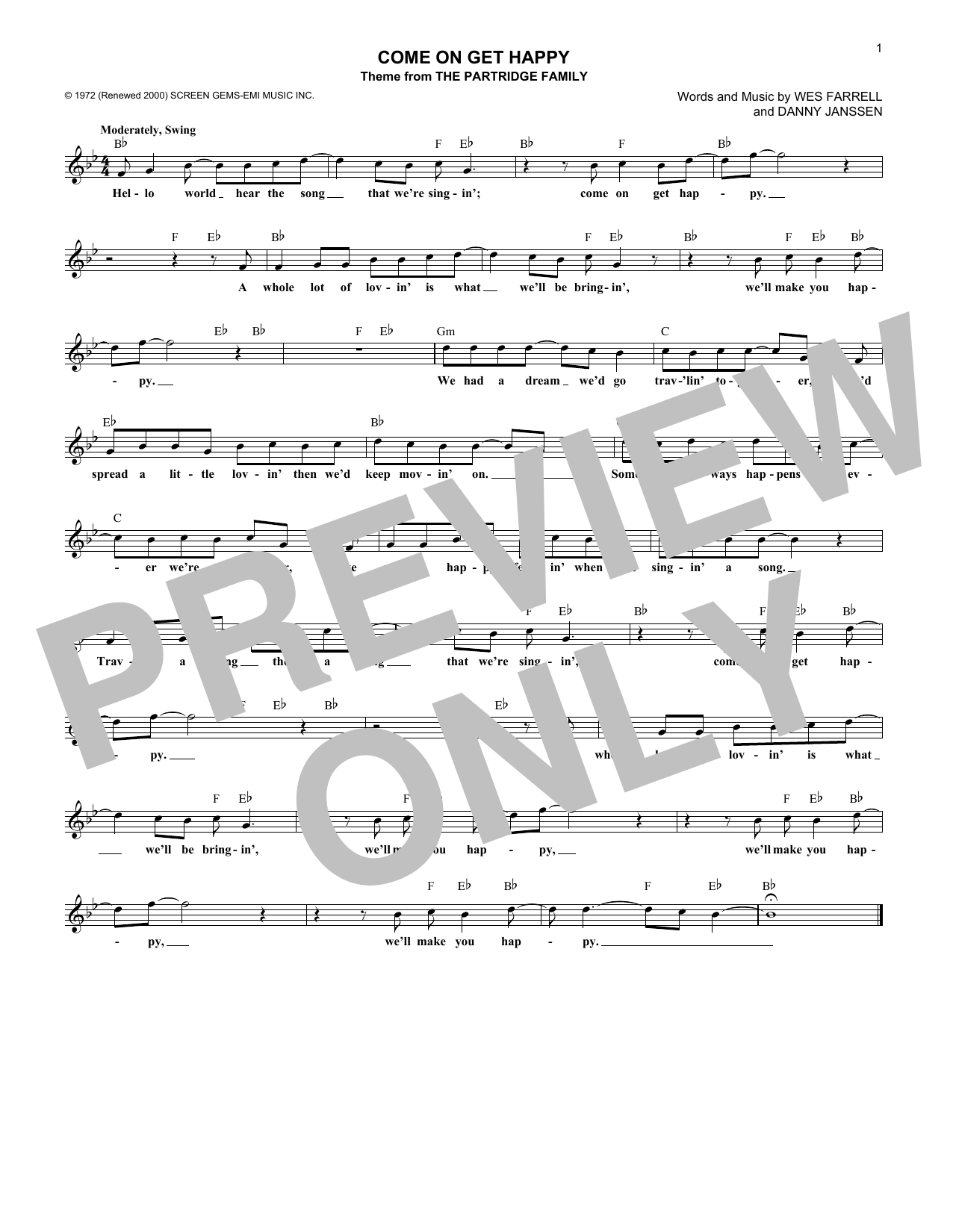 Download The Partridge Family Come On Get Happy Sheet Music and learn how to play Piano, Vocal & Guitar (Right-Hand Melody) PDF digital score in minutes