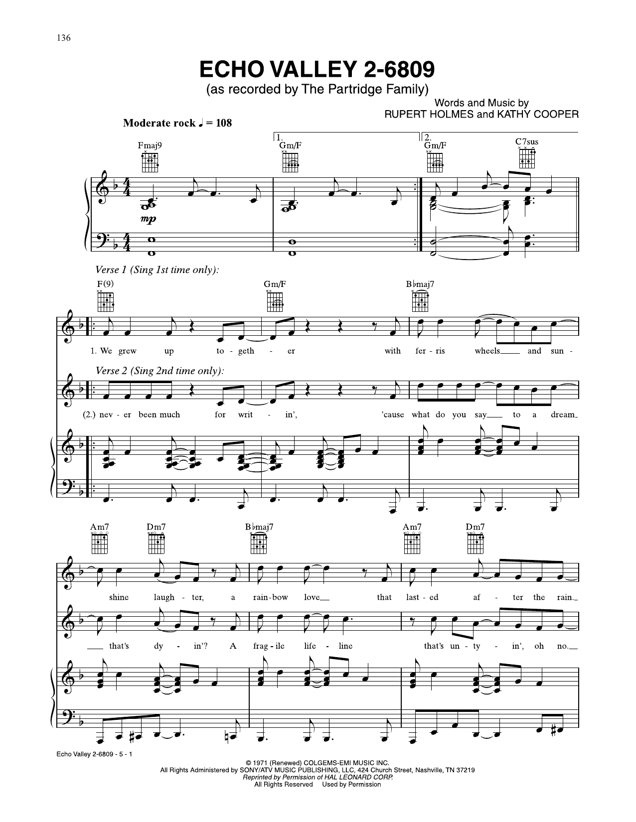 Download The Partridge Family Echo Valley 2-6809 Sheet Music and learn how to play Piano, Vocal & Guitar Chords (Right-Hand Melody) PDF digital score in minutes