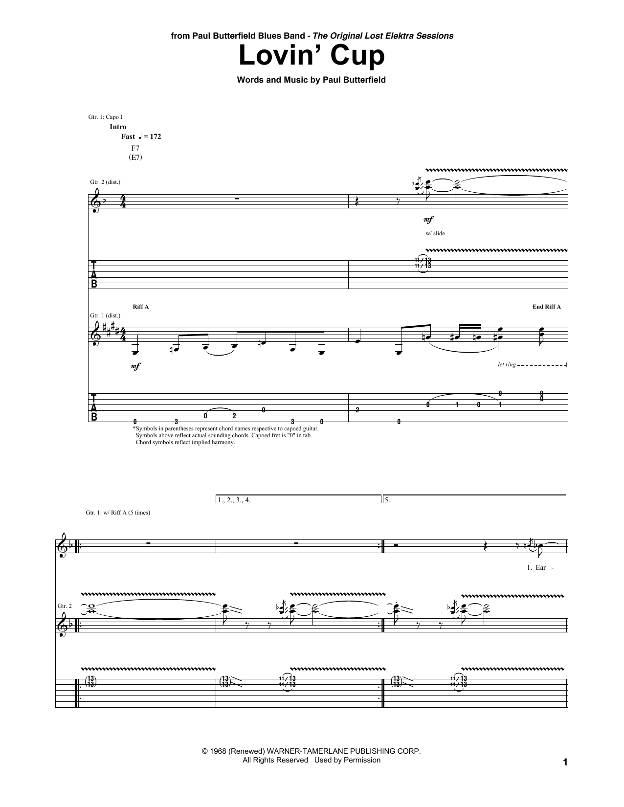 Download The Paul Butterfield Blues Band Lovin' Cup Sheet Music and learn how to play Guitar Tab PDF digital score in minutes