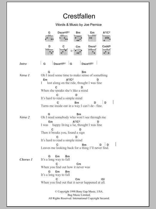 Download The Pernice Brothers Crestfallen Sheet Music and learn how to play Lyrics & Chords PDF digital score in minutes