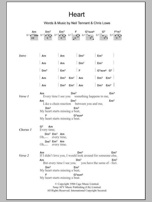 Download Pet Shop Boys Heart Sheet Music and learn how to play Lyrics & Chords PDF digital score in minutes