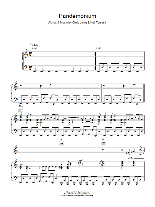 Download Pet Shop Boys Pandemonium Sheet Music and learn how to play Piano, Vocal & Guitar PDF digital score in minutes
