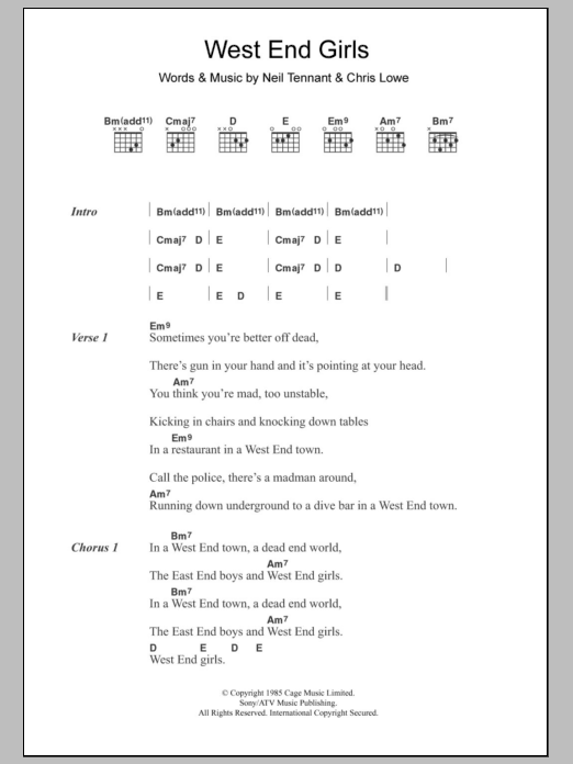 Download Pet Shop Boys West End Girls Sheet Music and learn how to play Lyrics & Chords PDF digital score in minutes