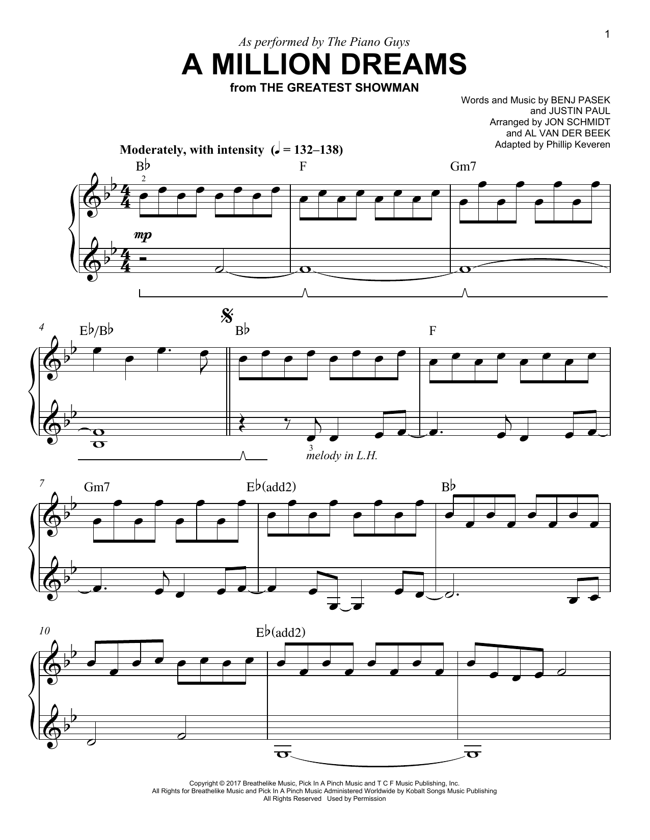 Download The Piano Guys A Million Dreams (arr. Phillip Keveren) Sheet Music and learn how to play Easy Piano PDF digital score in minutes