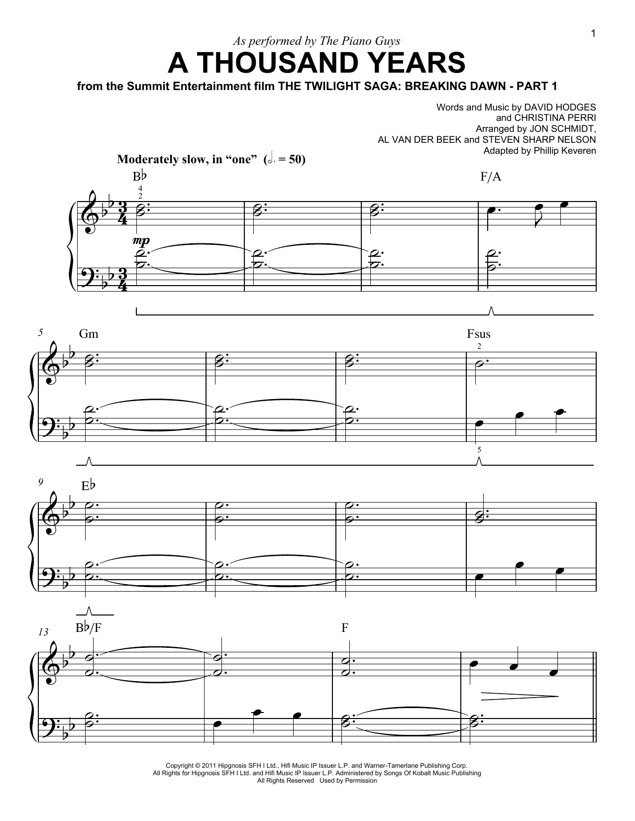 Download The Piano Guys A Thousand Years (arr. Phillip Keveren) Sheet Music and learn how to play Easy Piano PDF digital score in minutes