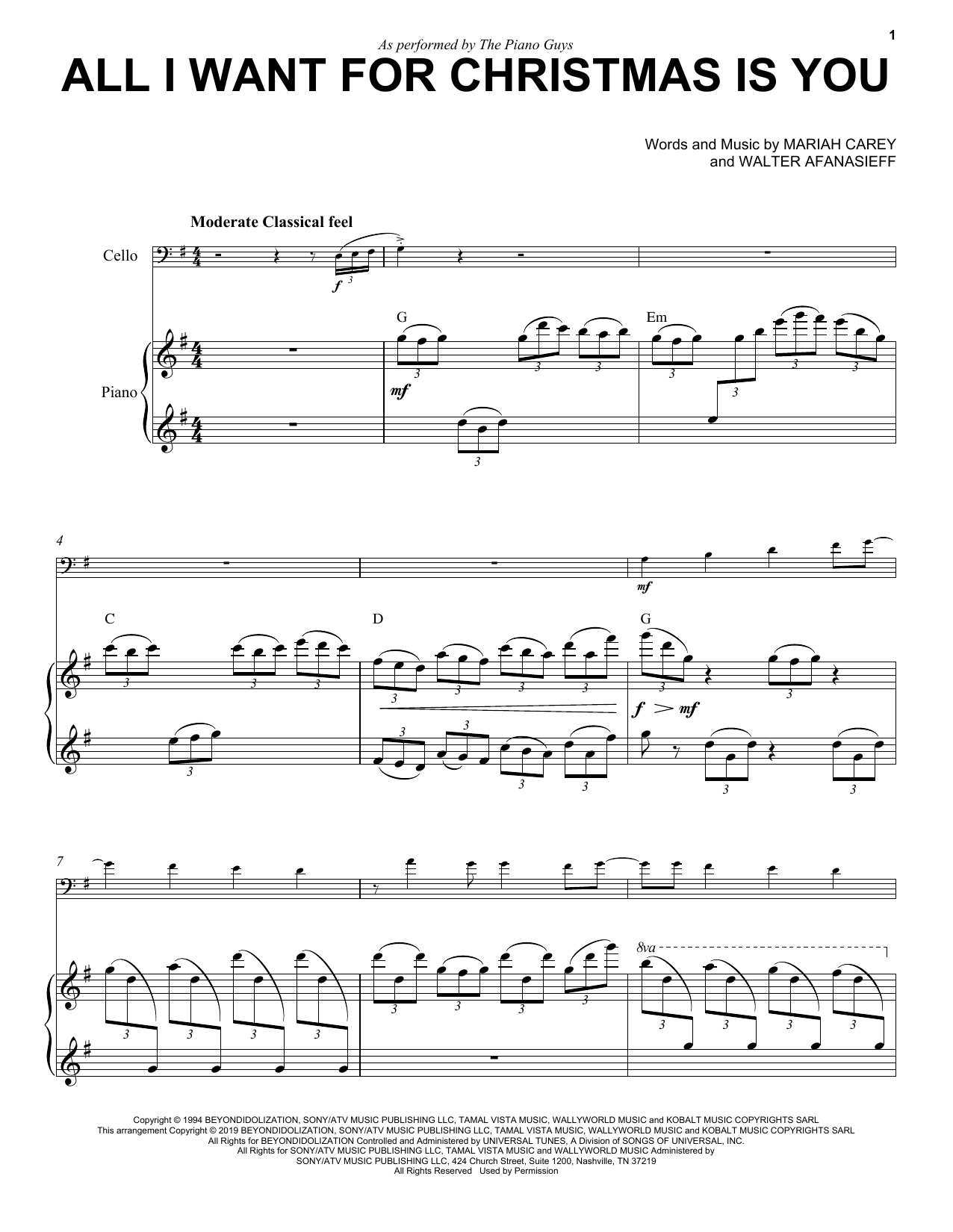 Download The Piano Guys All I Want For Christmas Is You Sheet Music and learn how to play Cello and Piano PDF digital score in minutes