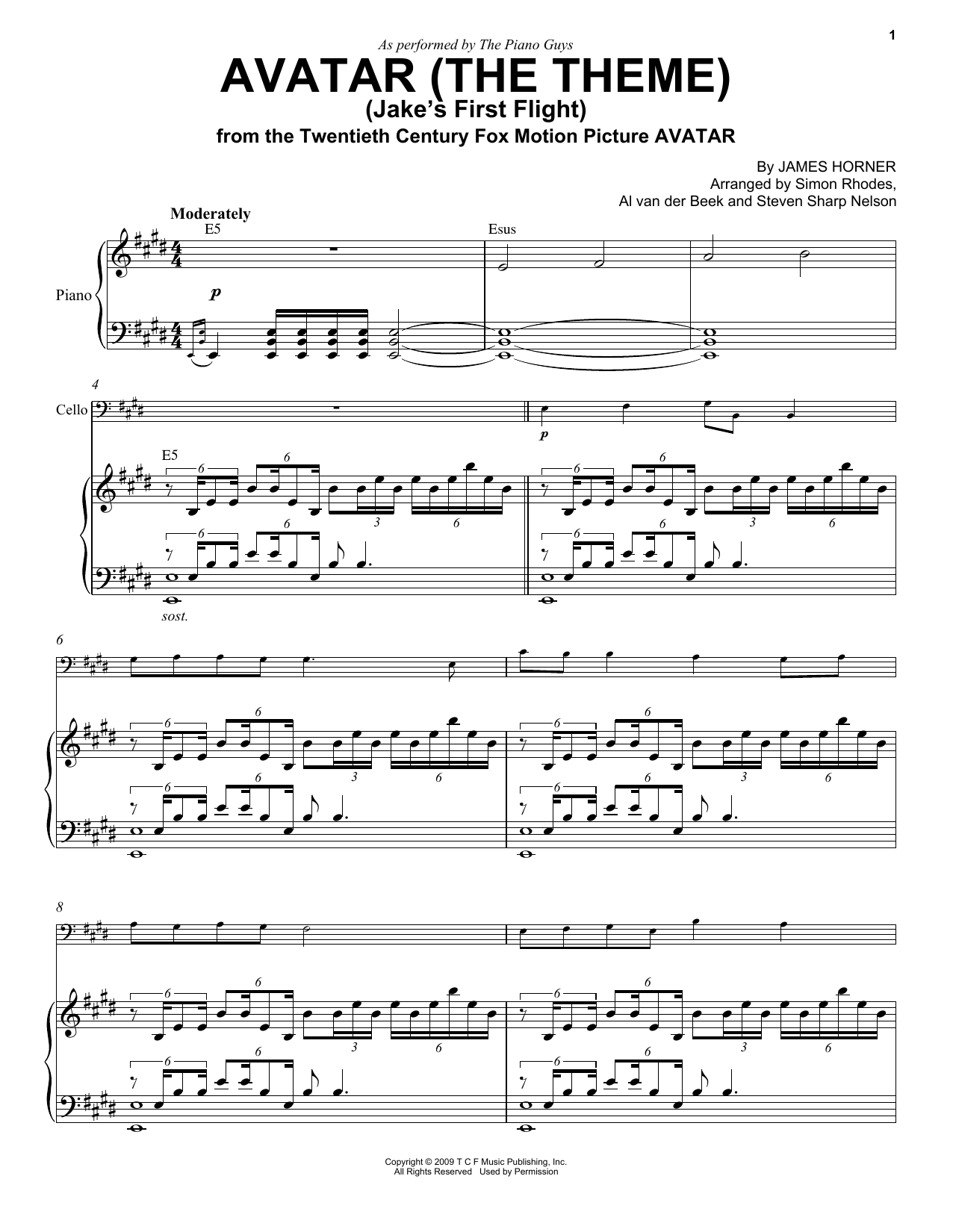 Download The Piano Guys Avatar (The Theme) (Jake's First Flight) Sheet Music and learn how to play Cello and Piano PDF digital score in minutes