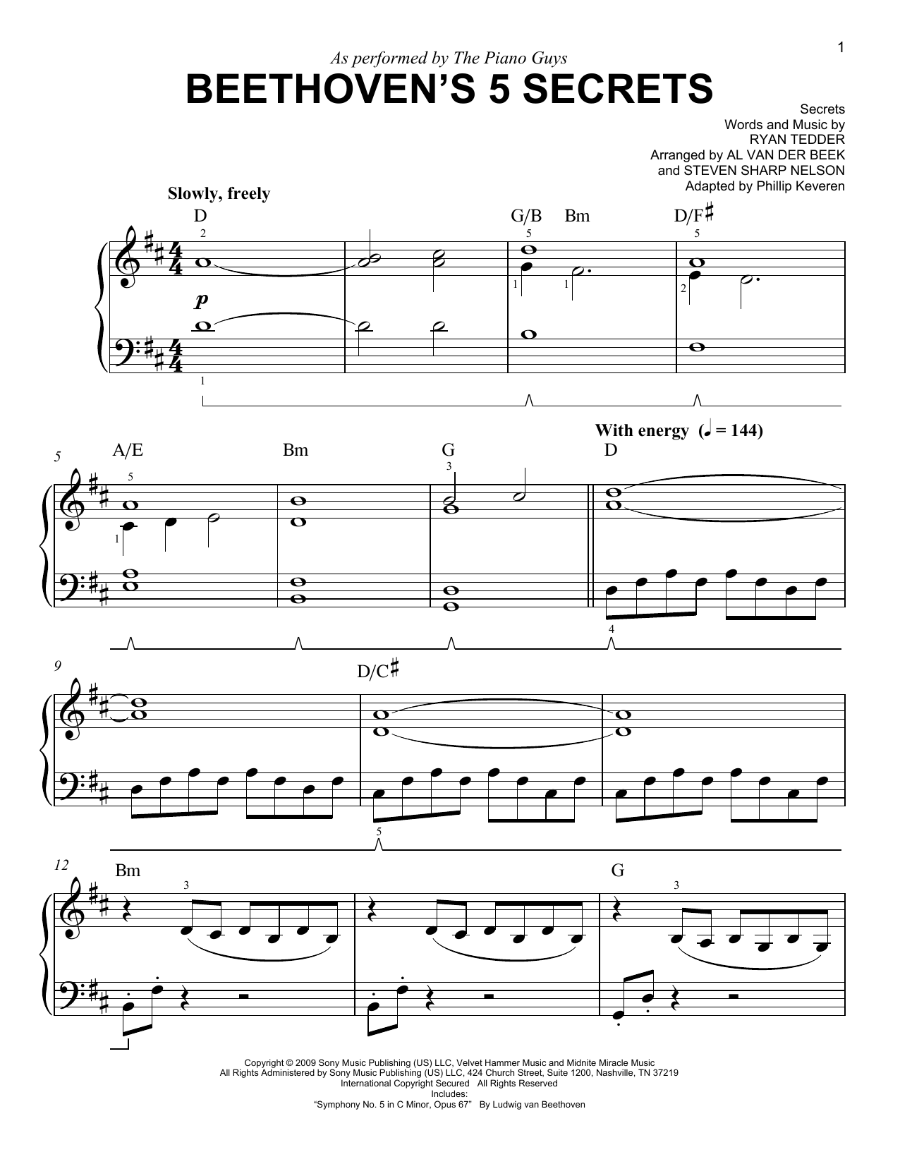 Download The Piano Guys Beethoven's 5 Secrets (arr. Phillip Keveren) Sheet Music and learn how to play Easy Piano PDF digital score in minutes
