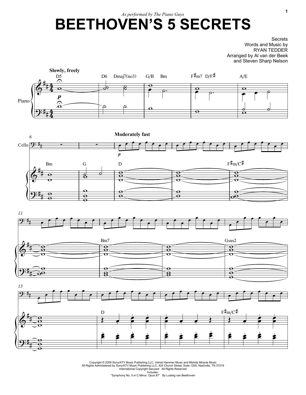 Download The Piano Guys Beethoven's 5 Secrets Sheet Music and learn how to play Cello and Piano PDF digital score in minutes